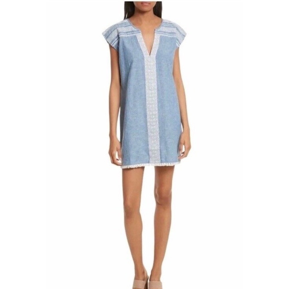Soft Joie Dress Small Blue Embroidered Chambray Boho Coastal Mini Shift